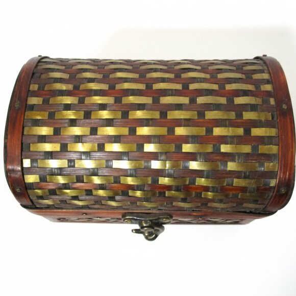 Rare Vintage Woven Wood & Brass Strip Box Unique Antique Keepsake Chest Artisan - Picture 2 of 8